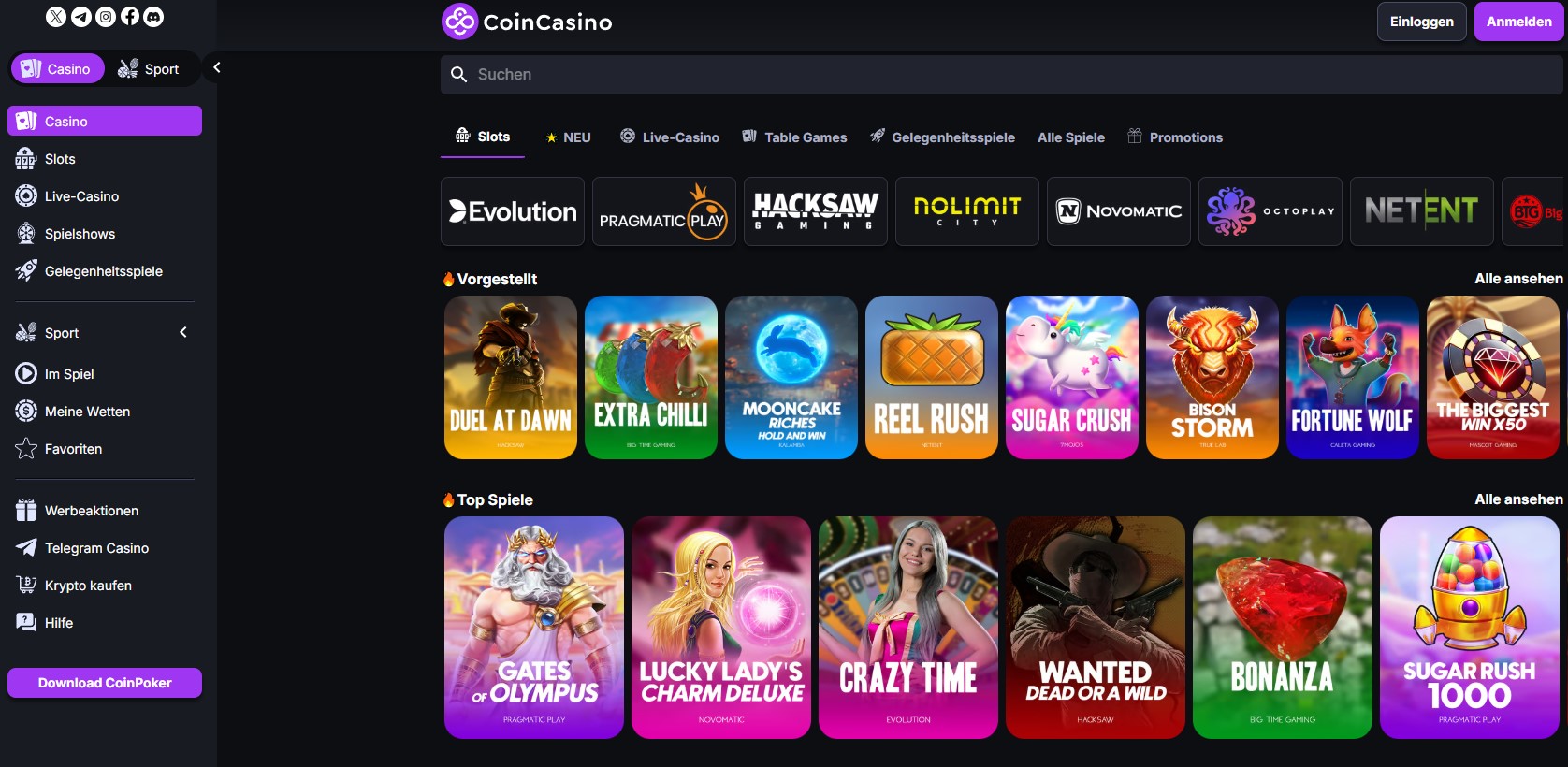 Screenshot der CoinCasino Webseite mit einer Auswahl an beliebten Spielen wie "Gates of Olympus" und "Crazy Time". Casino mit schneller Auszahlung.
