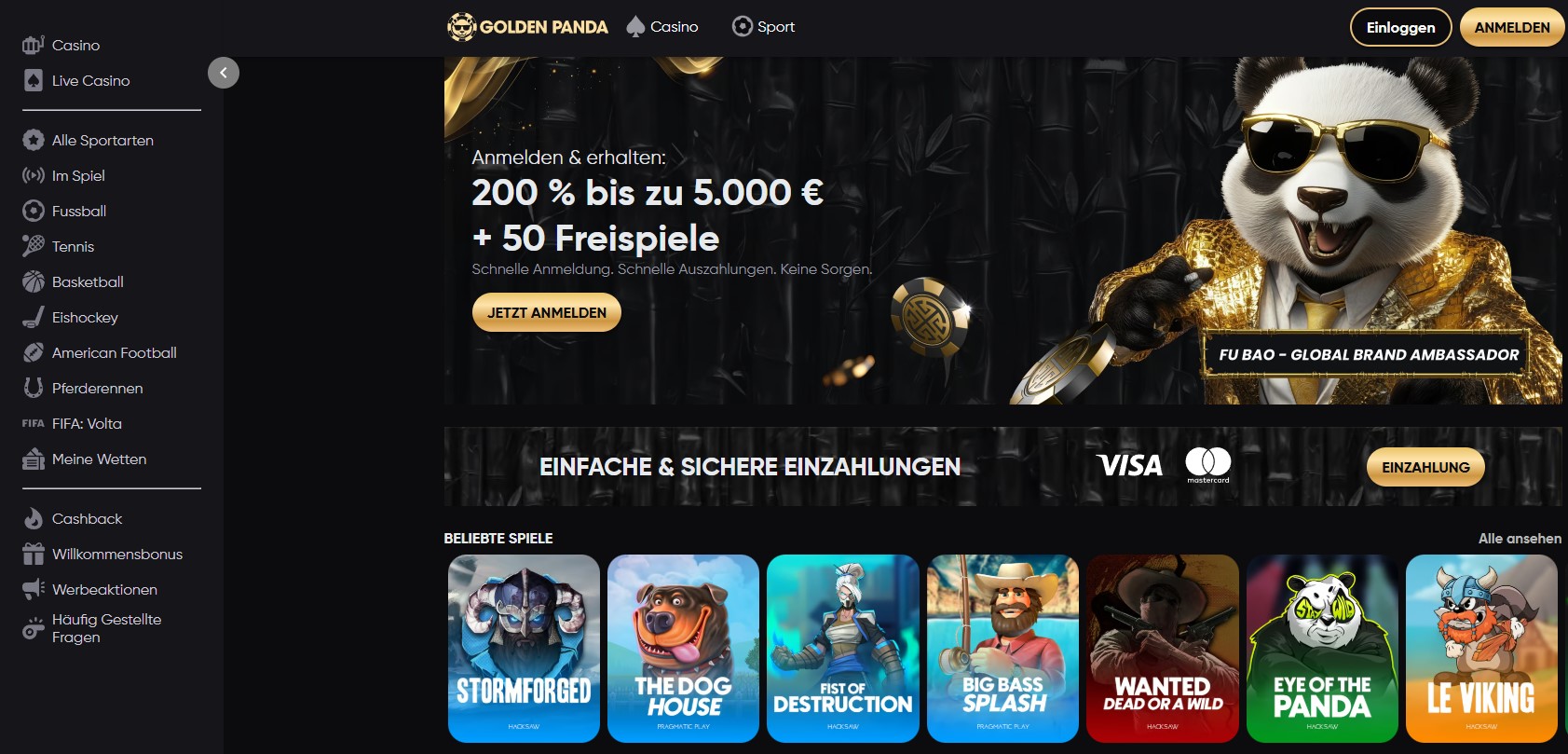 Golden Panda Casino mit schneller Auszahlung – Startseite mit einem Bonusangebot von 200% bis zu 5.000 € und 50 Freispielen, sowie einer Auswahl an Spielen wie Stormforged und The Dog House.