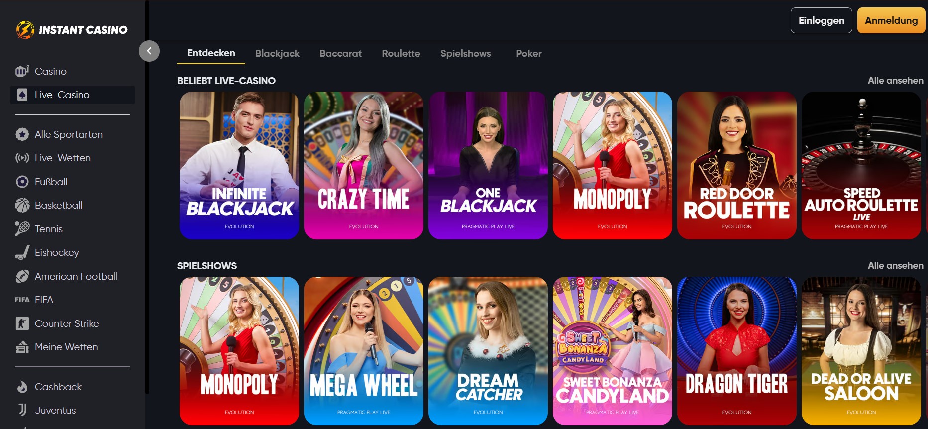 Screenshot einer Online-Casino-Website mit einer großen Auswahl an Live-Casino-Spielen wie Infinite Blackjack, Crazy Time und Monopoly sowie Spielshows wie Sweet Bonanza Candyland und Dead or Alive Saloon. Casino mit schneller Auszahlung.