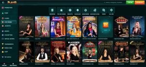 Screenshot der PlayiO-Website mit einer vielfältigen Auswahl an Live-Casino-Spielen wie Gold Saloon Roulette, Mega Fire Blaze Roulette Live und Lightning Roulette. Casino mit schneller Auszahlung.