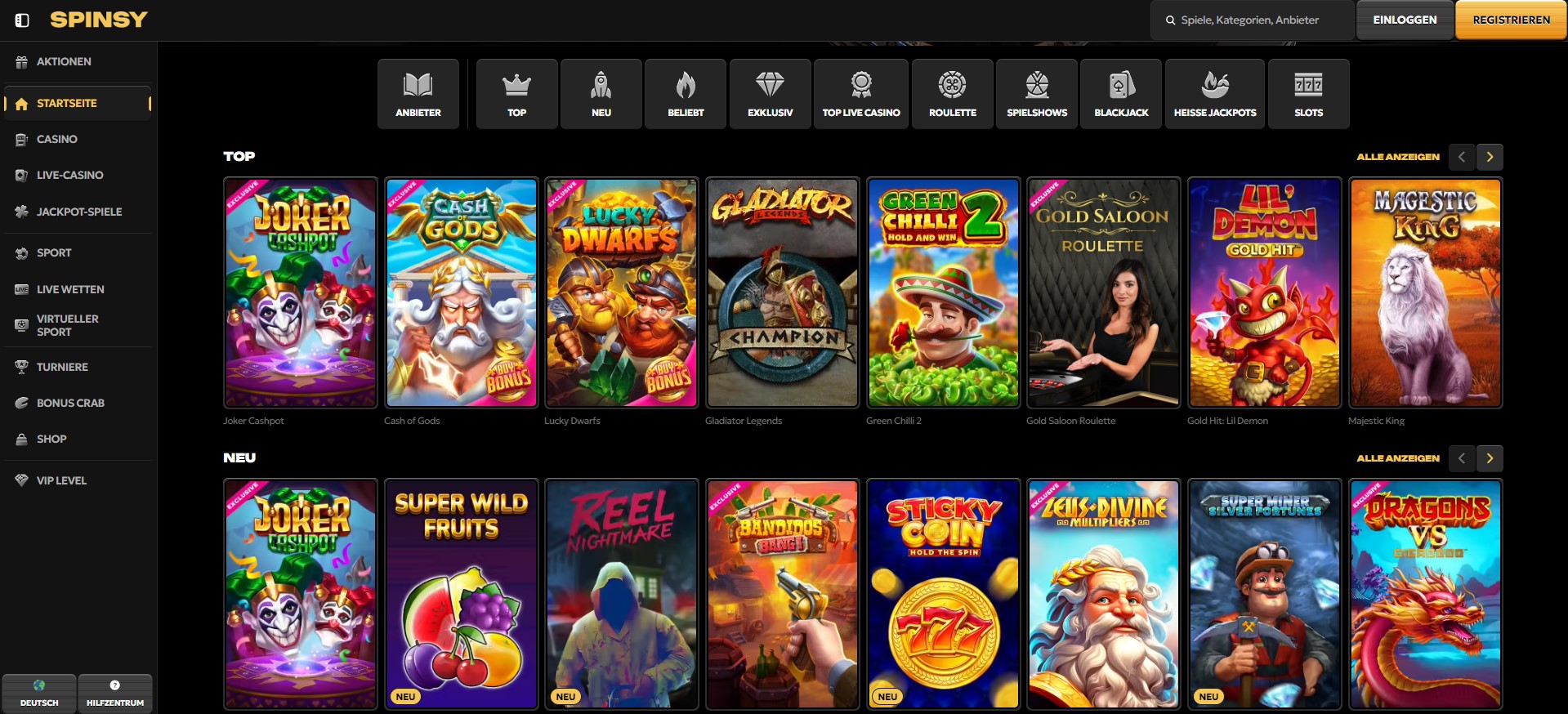 Startseite von Spinsy, einem Casino mit schneller Auszahlung, zeigt beliebte Spielautomaten wie Joker Cashpot, Cash of Gods und Lucky Dwarfs.