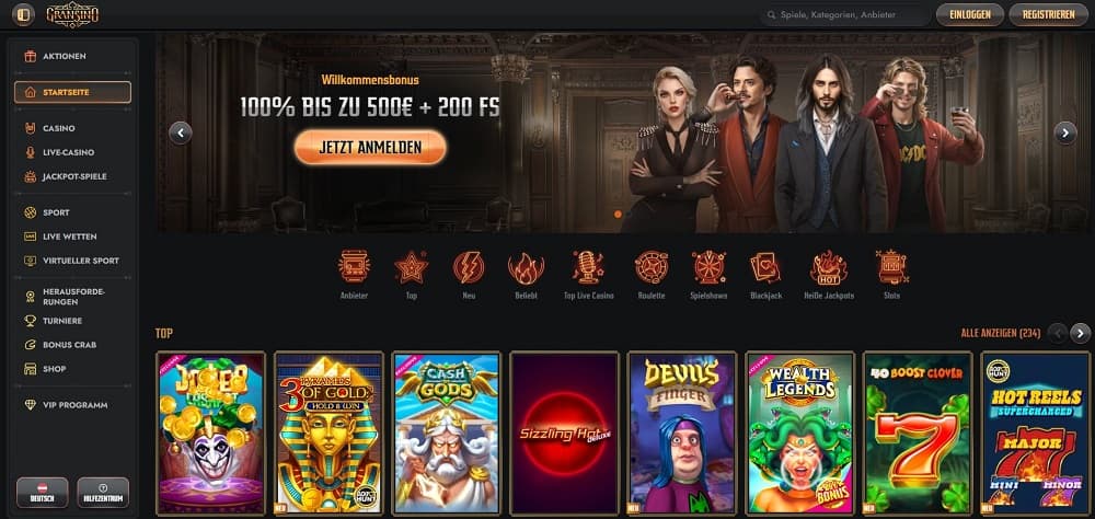 Gransino Casino homepage screenshot. 