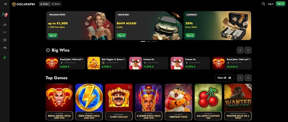 Oscarspin Casino homepage screenshot.