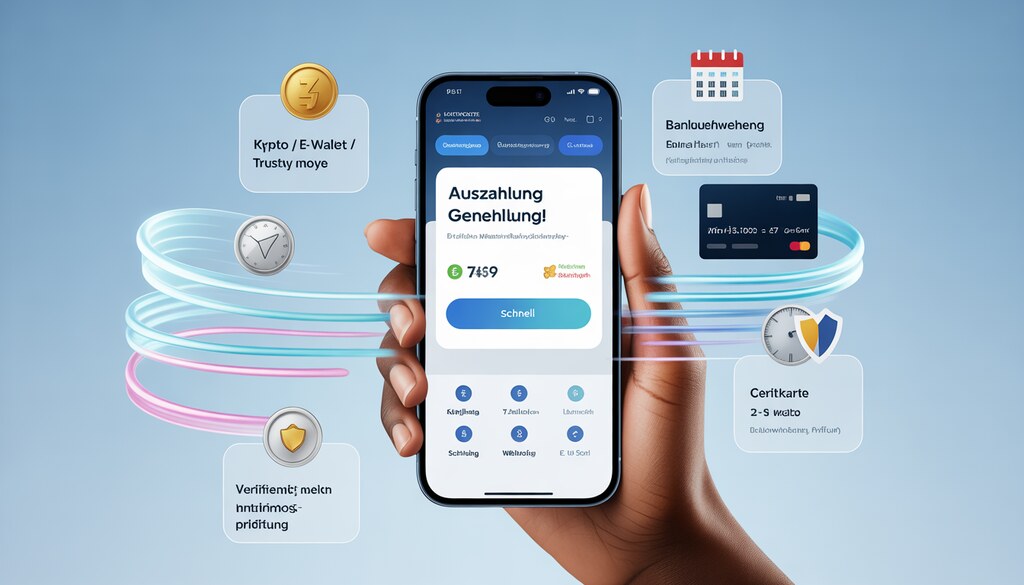 Smartphone zeigt Finanz-App mit bestätigter Auszahlung, grüner Checkmark und Optionen wie Krypto und Banküberweisung – ideal für Casino mit schneller Auszahlung.